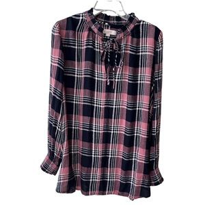 LOFT Plaid Blouse in Pink and Black